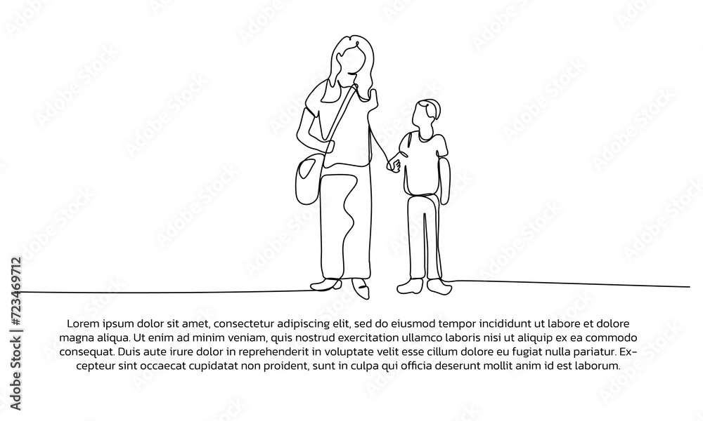 Continuous line design of mother holds her child's hand while walking. Single line decorative elements drawn on a white background. Continuous line design of mother holds her child's hand while walking. Single line decorative elements drawn on a white background.