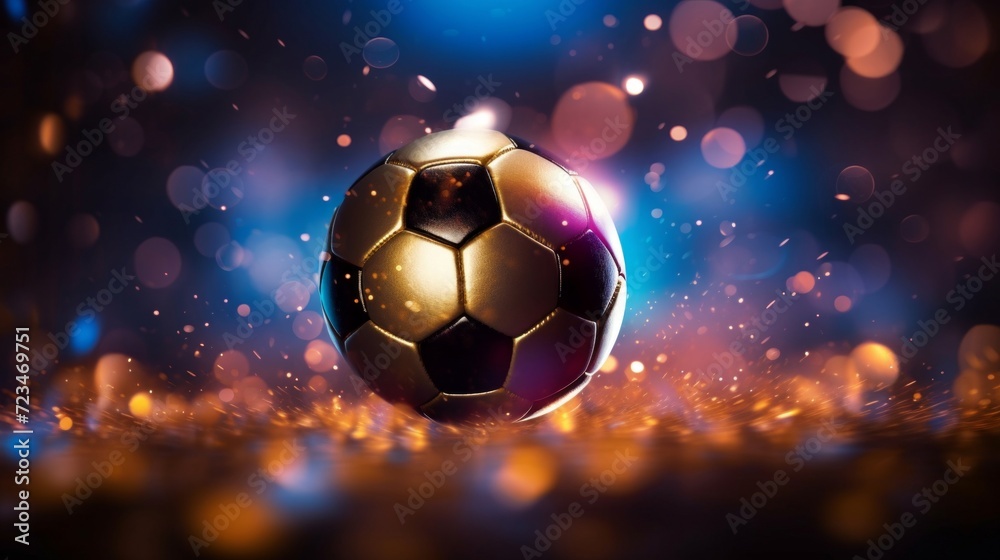 Naklejka premium A digital illustration of a soccer ball with a radiant glow and sparkling bokeh lights, evoking excitement and energy.