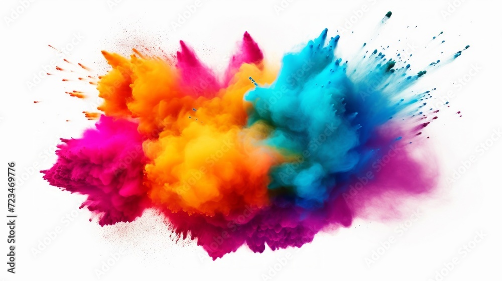A vibrant explosion of colored powder, creating a dynamic and energetic abstract effect on a white background.