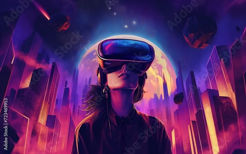 Illustration of virtual reality 3d augmented experience exited digital generate person woman wear vr glasses goggle headset hand in fantasy space city , virtual world in generative ai