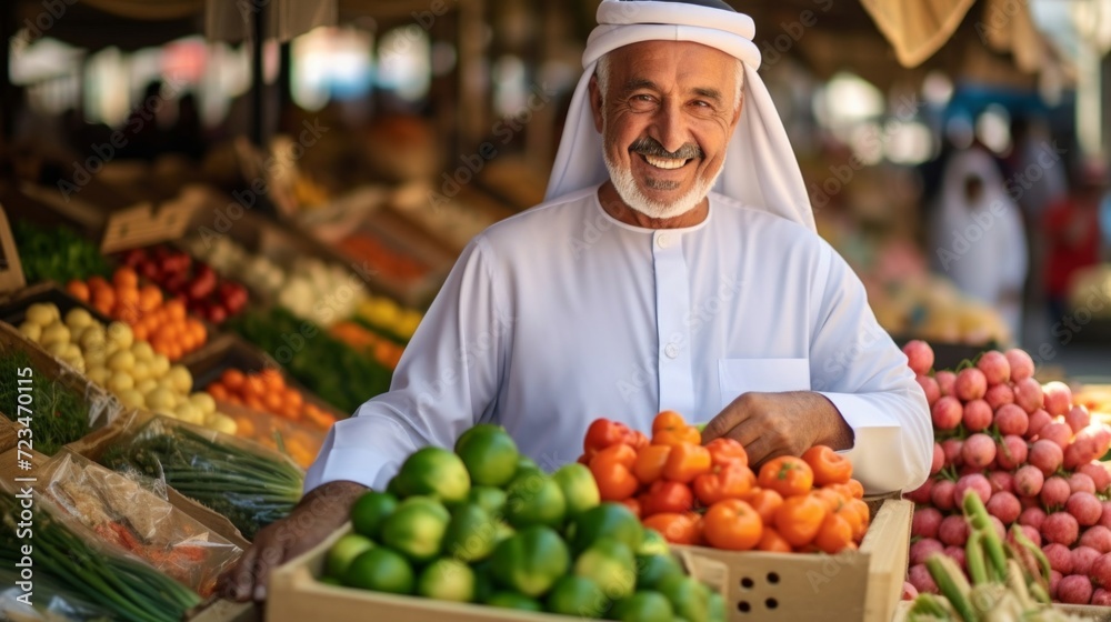 Elderly man in traditional attire joyfully selling a vibrant selection of fresh vegetables at a local market.