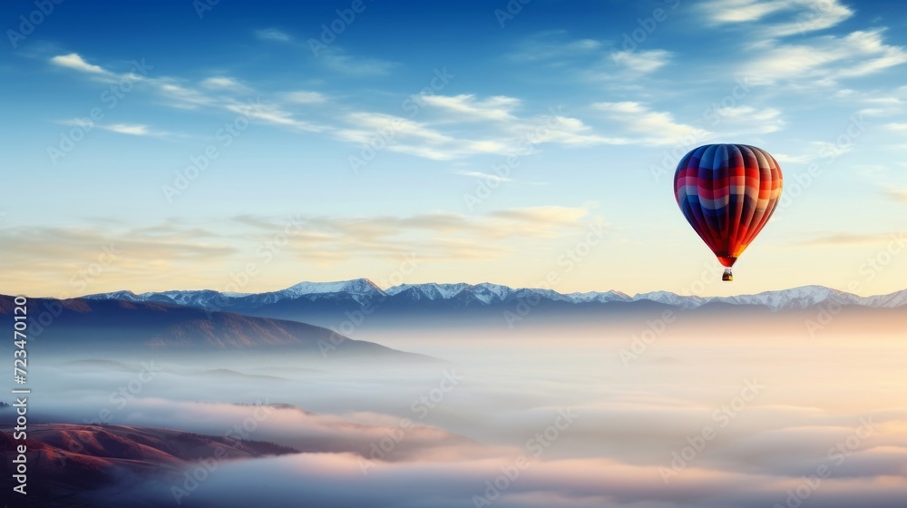 Colorful hot air balloon soaring over a serene landscape with foggy mountains and a warm sunrise.