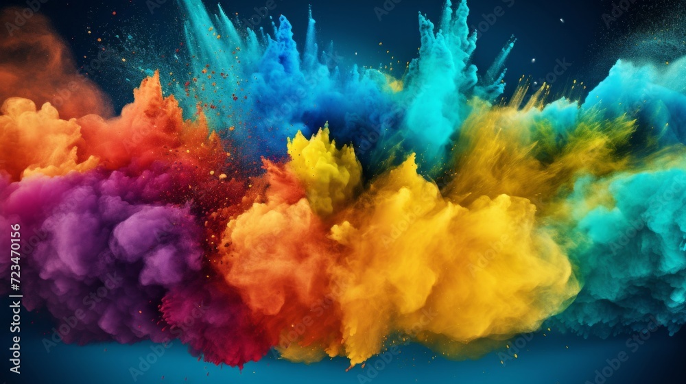 Vibrant multi-colored powder explosion captured on a dark background, artistic and dynamic.