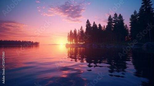 Serene sunset scene with soft reflections in the still waters of a forest lake, evoking peace.
