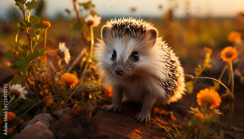 Cute hedgehog sitting in grass, looking at the sunset generated by AI