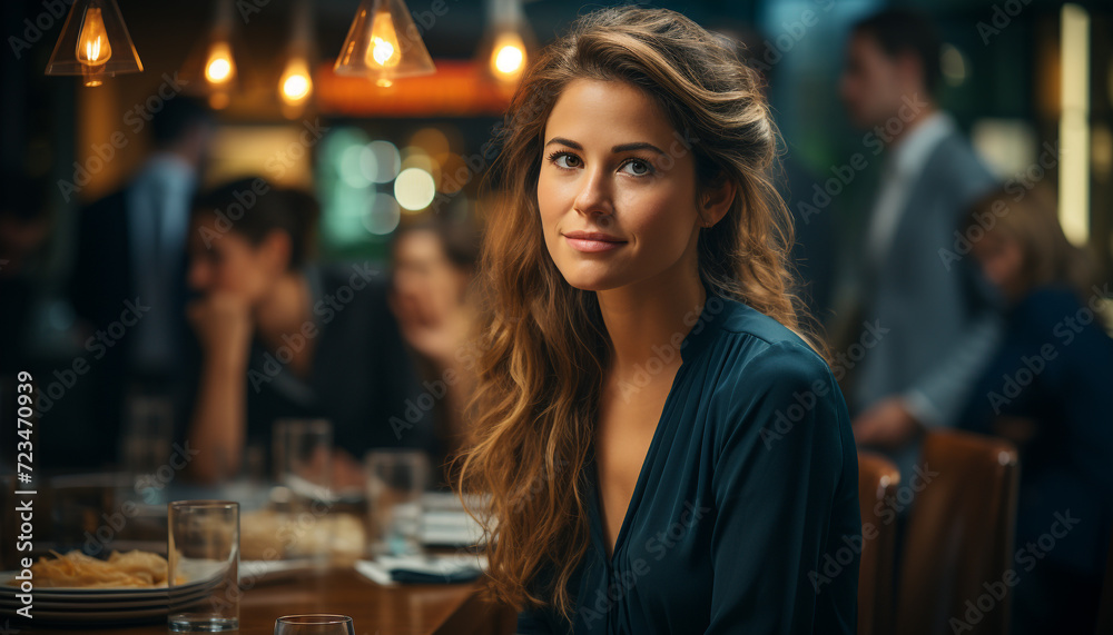 Young women sitting at a bar, smiling, looking at camera generated by AI
