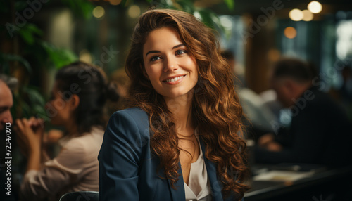 Young adults, smiling, sitting together, looking at camera, indoors generated by AI