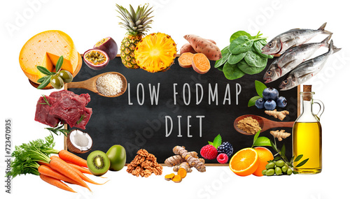 Low fodmap diet board banner with healthy fruit, veggies and protein over isolated transparent background photo