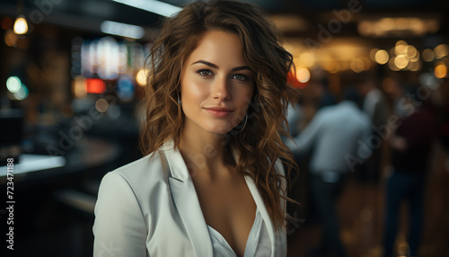 Young woman  confident and smiling  looking at camera outdoors at night generated by AI