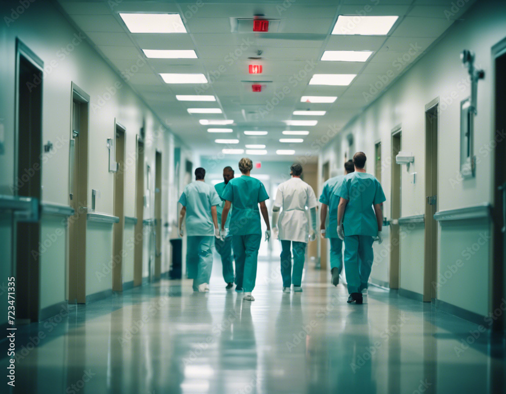 Fototapeta premium Busy hospital, corridor, with diverse doctors in motion, suitable for medical, healthcare services, cinematic, realistic.