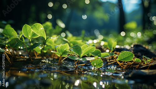 Fresh green leaves reflect in the tranquil pond, showcasing nature beauty generated by AI