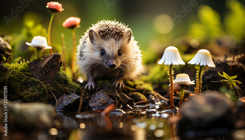 Cute hedgehog sitting in grass, looking at green forest generated by AI © Jeronimo Ramos