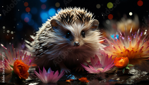 Cute hedgehog looking at camera in nature beautiful backdrop generated by AI