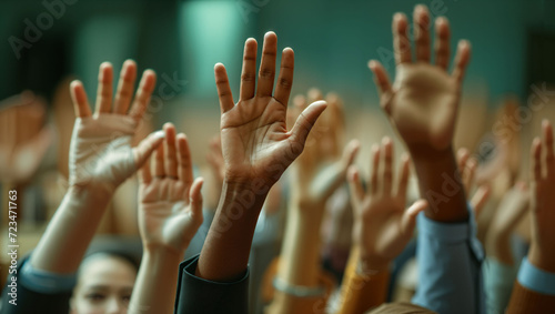 Every employee in the office raised their hands and stuck them in the air