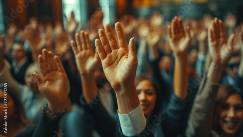Every employee in the office raised their hands and stuck them in the air © akarawit