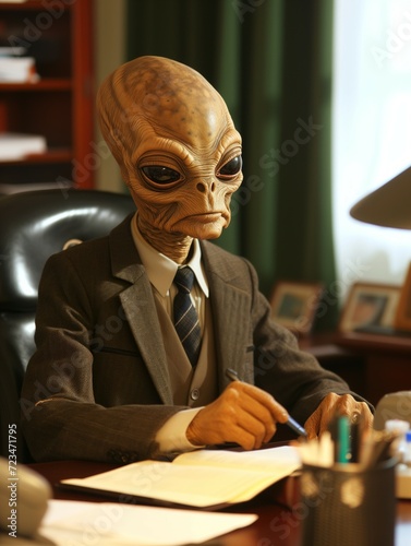 Illustration of an alien, dressed as businessman, working inside an office