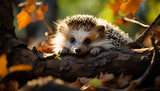 Cute hedgehog sitting on branch, alert in autumn forest generated by AI