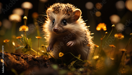 Cute small hedgehog looking at camera in nature beauty generated by AI