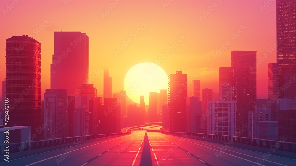 Detailed shot of the sun disappearing behind the buildings as the sky transforms into a gradient of warm colors.