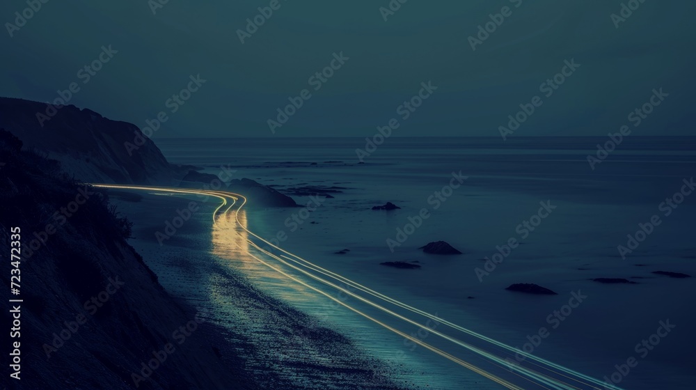 The headlights of cars traveling along the coast leave behind a sparkling wake as they p reflecting the everchanging nature of a coastal journey. - obrazy, fototapety, plakaty 