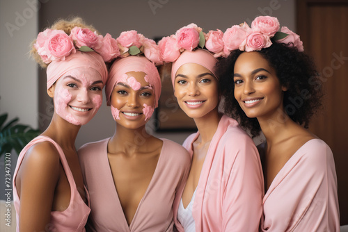 Joyful women making face masks at pajama party. Skincare concept, friends pampering together at home photo