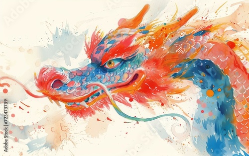 Very colorful and vibrant watercolor painting of rainbow dragon on white paper background. © hugo