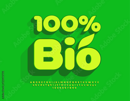 Vector advertising emblem 100% Bio. Green Alphabet Letters and Numbers set. Creative 3D Font.