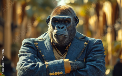 Gorilla with a tuxedo in fashion style like a tycoon.