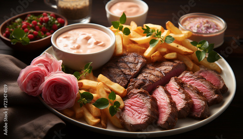 Grilled steak with fries, salad, and savory sauce on plate generated by AI