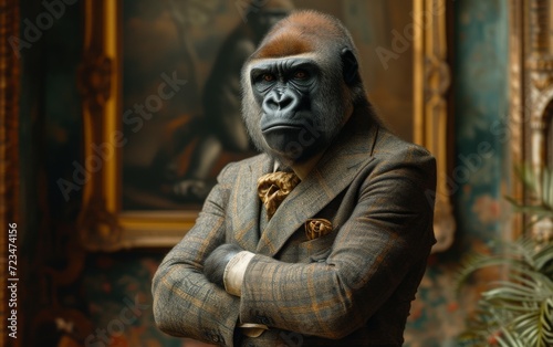 Gorilla with a tuxedo in fashion style like a tycoon.