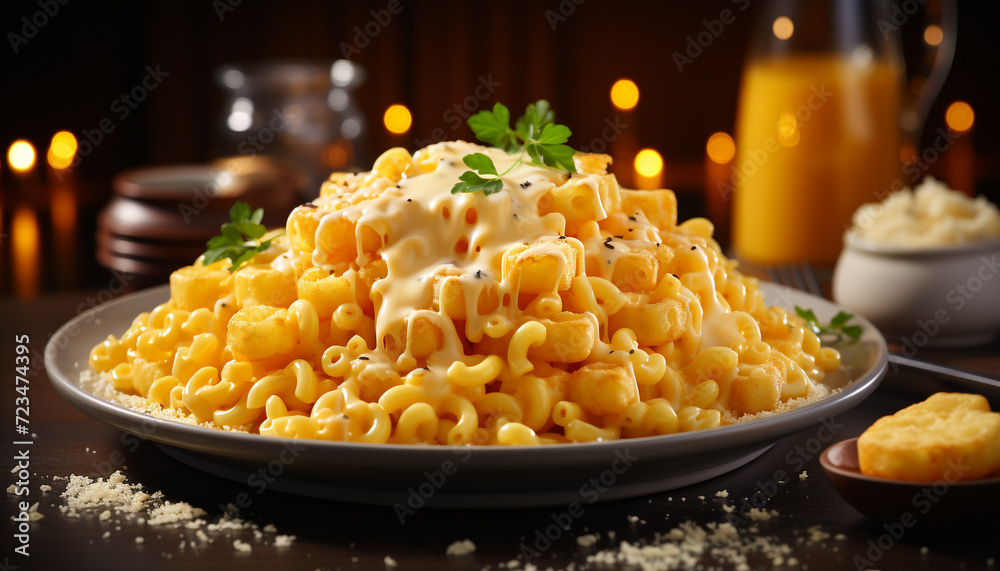 Freshness on table healthy meal, gourmet pasta, cooked vegetarian food generated by AI Freshness on table healthy meal, gourmet pasta, cooked vegetarian food generated by AI