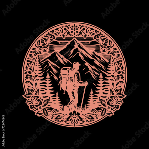 man hiking mountain retro design vector illustration, shirt template
