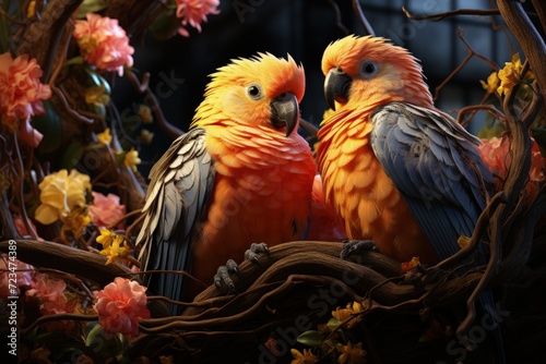 A pair of lovebirds nesting together