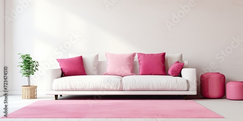 Bright living room with pink rug in front of white sofa and satin pillow  with empty wall.