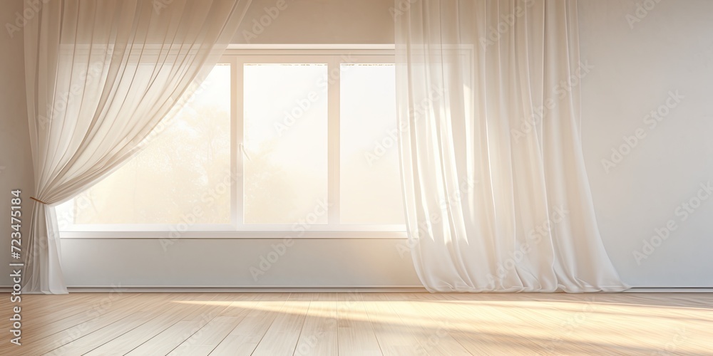 Minimalistic interior with open window, sun rays, and tulle background. Minimalistic interior with open window, sun rays, and tulle background.