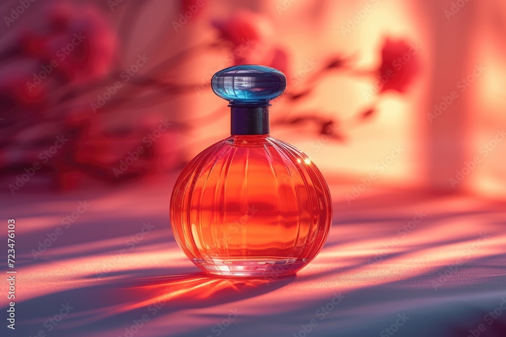 Perfume bottle on pink water splash background. 3d rendering. Skincare cosmetic bottle Perfume bottle on pink water splash background. 3d rendering. Skincare cosmetic bottle