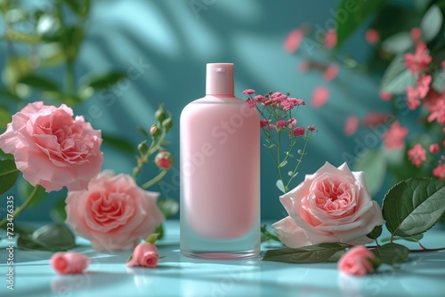 Perfume bottle on pink water splash background. 3d rendering. Skincare cosmetic bottle