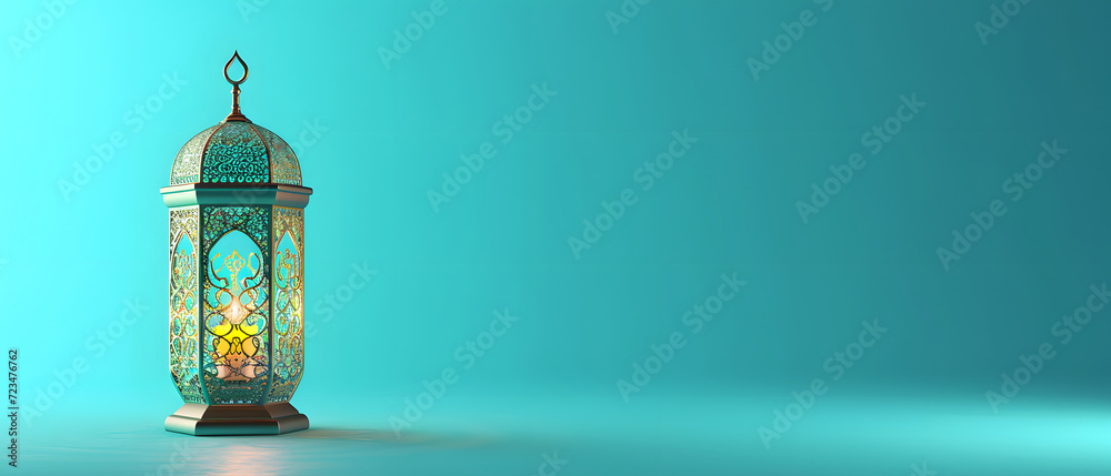 Arabic lantern ramadan on turquoise background. copy space concept, mockup.