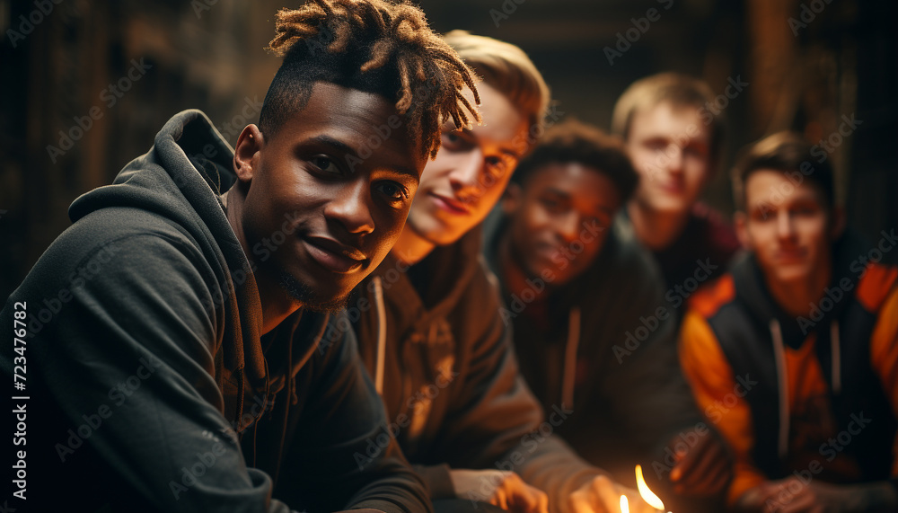 Group of young adults smiling, looking at camera, indoors generated by AI
