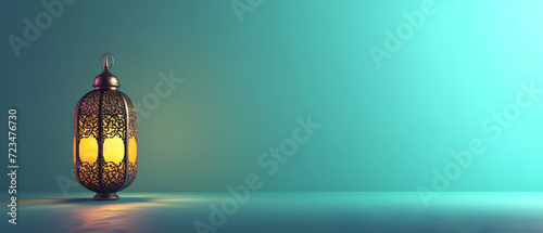 Arabic lantern ramadan on turquoise background. copy space concept, mockup.