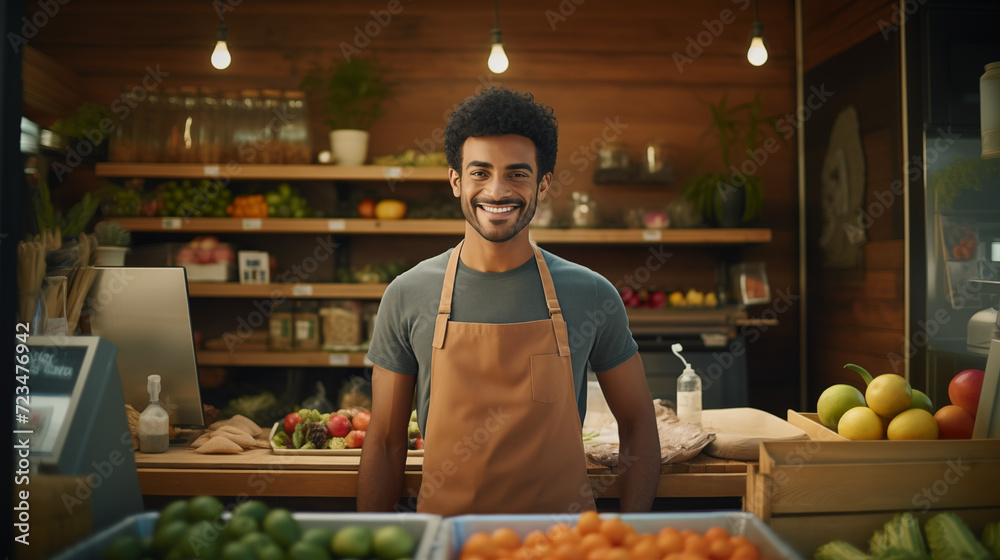 Fototapeta premium Farmer's Market. Smiling man, stallholder, selling his products