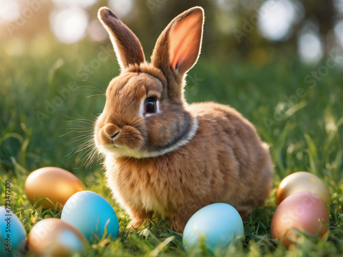 Cute Bunny with Colorful eggs  on the grass  Easter holiday background  realistic  real  photography  cinematic golden  light  basket  space for text  happy easter.