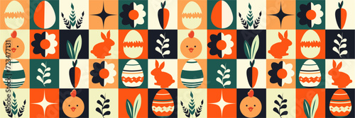 Banner for Happy Easter Day. Rabbit, chicken, egg, flower. Geometric shape pattern. Template. Modern minimalist design. Figure. Vector. Abstract poster. Layout. Spring and April. Flat