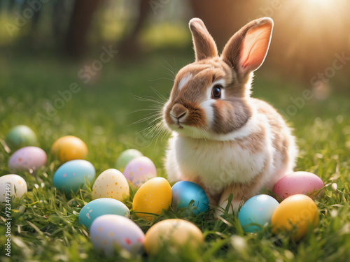 Cute Bunny with Colorful eggs  on the grass, Easter holiday background, realistic, real, photography, cinematic golden  light, basket, space for text, happy easter. © Giu