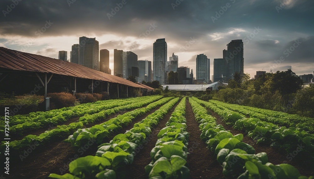 Urban Organic Farming at Sunset with City Skyline