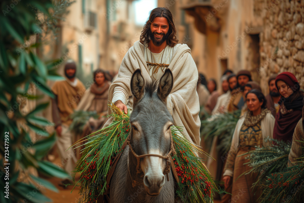 Jesus of Nazareth entering Jerusalem on a donkey on Palm Sunday, the animal and Messiah receiving the welcome of the people in its streets