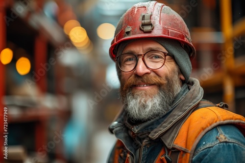 A rugged blue-collar worker navigates the bustling city streets, his hard hat and workwear a symbol of determination and resilience © Larisa AI