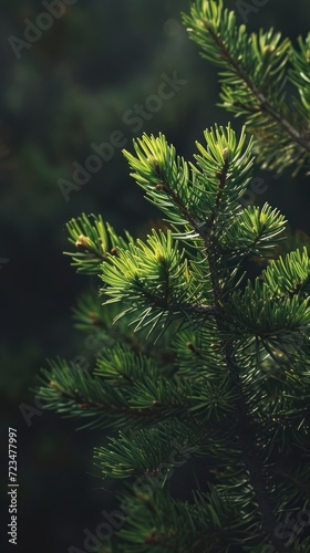 Bright green pine needles set against dark background