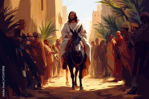 Jesus of Nazareth entering Jerusalem on a donkey on Biblical Palm Sunday, a drawing of the Messiah in the illuminated streets, receiving the welcome