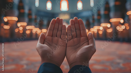 Close up hands Open up Palm Praying During Month of Ramadan, isolated at blurred mosque as background. photo